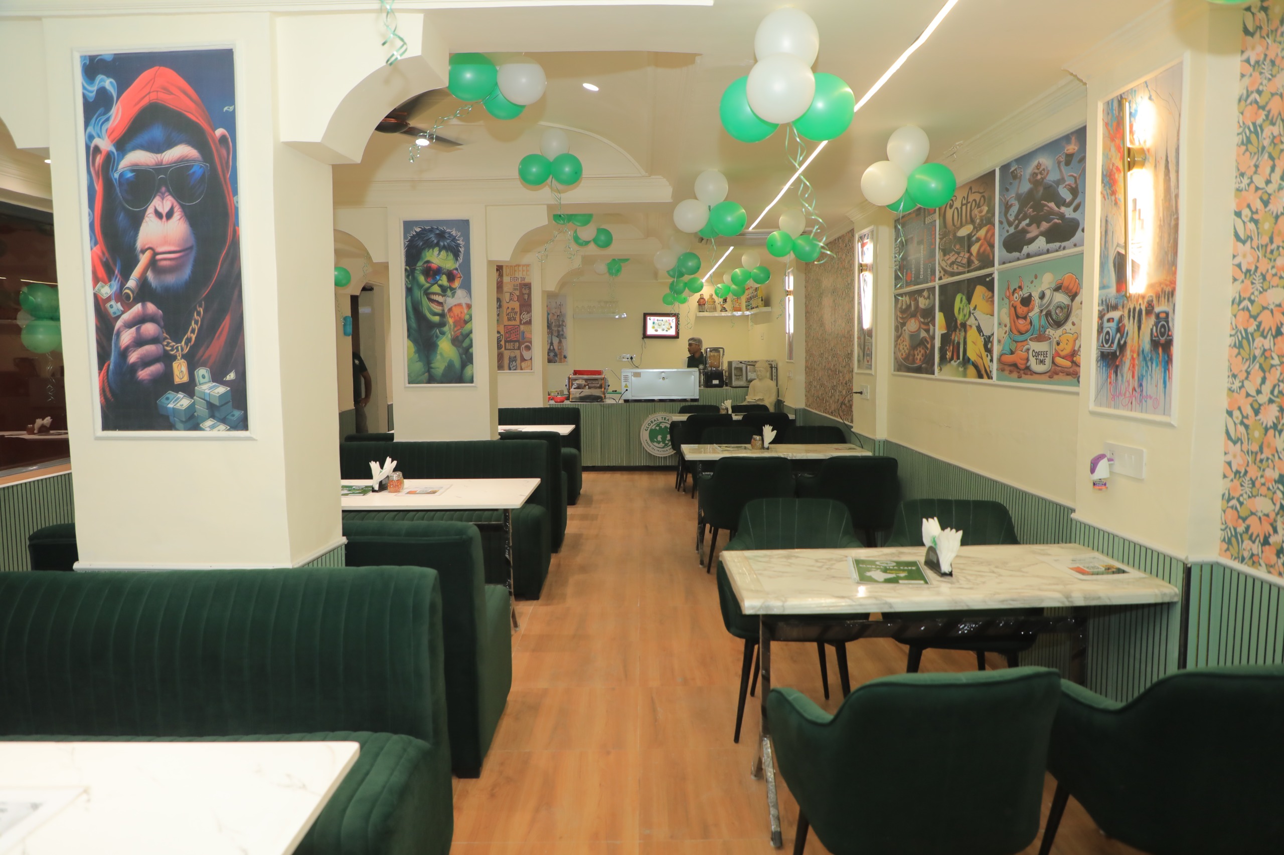 “Global Tea Cafe premium dine-in area with modern seating, stylish interior, and comfortable cafe ambiance”